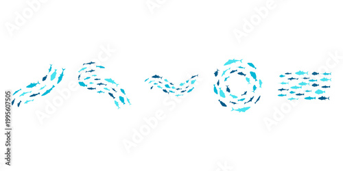 Blue school of fish silhouettes in various formations