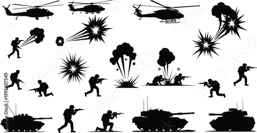 Military conflict scene helicopters soldiers tanks and explosions in silhouette