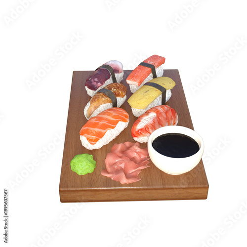 Delicious assorted sushi on wooden board with soy sauce