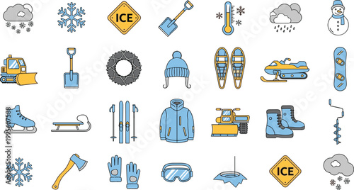 Winter season activities and equipment icon collection featuring snowman skis sled snowboard ice skates snowmobile jacket boots and shovel vector illustration set