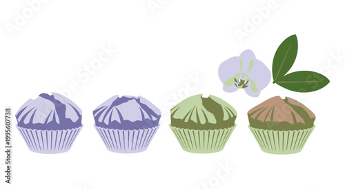 Colorful Thai steamed cupcakes with purple taro and green pandan flavors