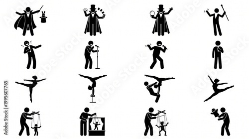 Collection of stage performer silhouettes featuring magicians with rabbits and cards, singers with microphones, gymnasts, ballet dancers, and puppeteers with marionettes and dolls