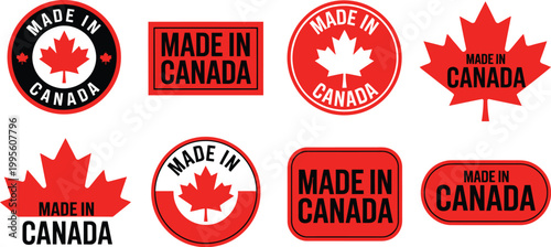 Set of Made in Canada emblem vector, Canadian manufactured production labels, patriotic maple leaf badges for certification, quality assurance and product origin branding design elements.