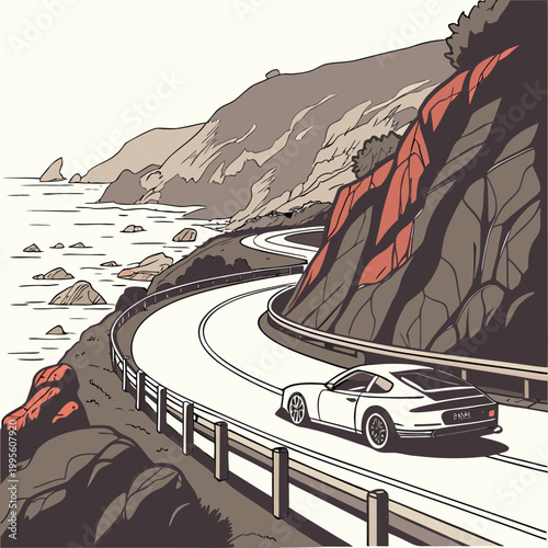 A white sports car drives along a winding coastal road overlooking the ocean and rocky cliffs in a stylized illustration high quality professional detailed modern elegant