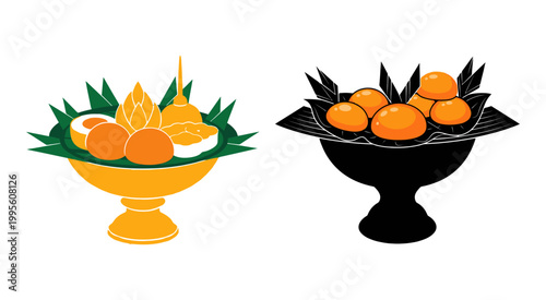 Thai traditional dessert set served in golden and black pedestal trays