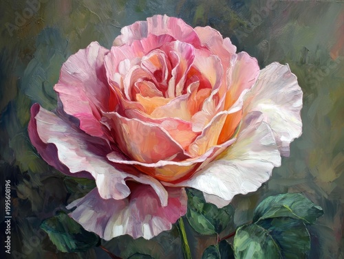 Soft pink and orange rose bloom with green foliage background