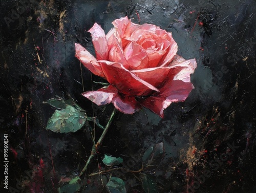 vibrant pink rose on dark moody abstract background
