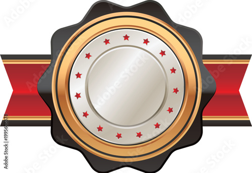 Silver Golden rounded badge with red ribbon
