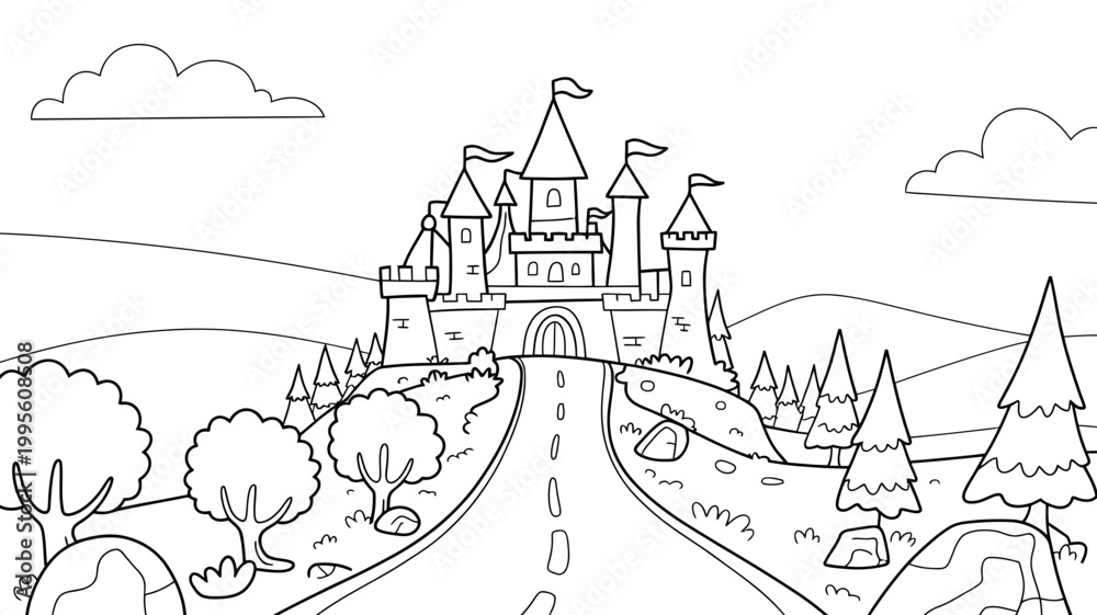 Fototapeta premium Fantasy castle with flags on a hill approached by a road surrounded by trees and hills line art fairytale