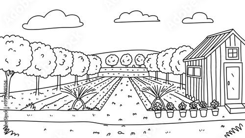 Farm landscape with a barn rows of crops trees under a cloudy sky line art vegetable garden building