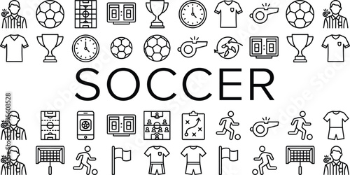 Soccer sport icon set featuring football equipment players tactics scoreboard elements and game strategy outline vector collection