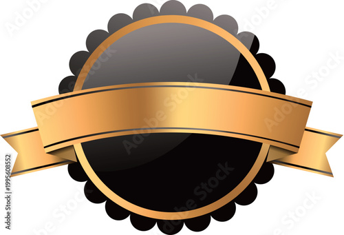 Black rounded label with golden ribbon and frame