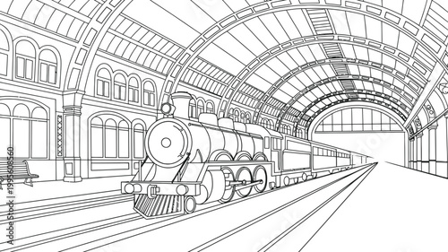 Vintage steam train at a grand station with arched roof locomotive platform historic transport building