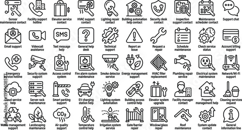 Facility maintenance service line icon set with repair support inspection security cleaning utilities management editable outline vector collection