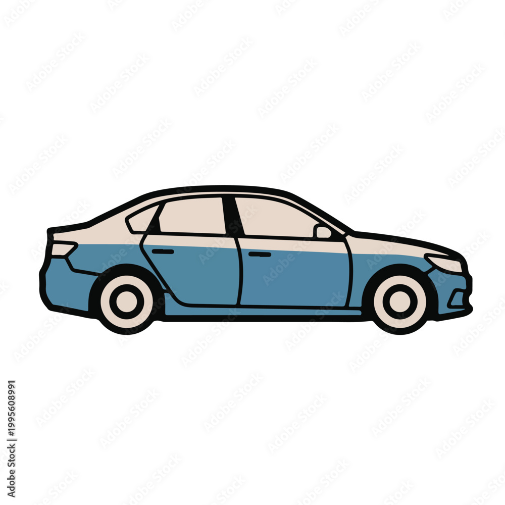 Obraz premium Simple blue car illustration in profile view on white background