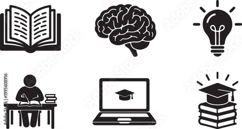 Collection of education and learning symbols with brain and lightbulb Isolated on white background
