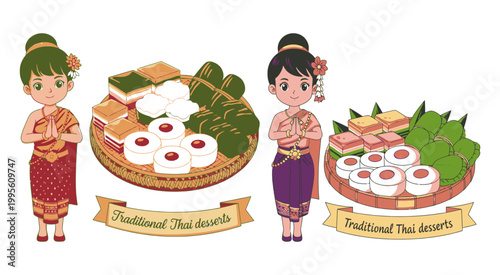 Cartoon Thai girls in traditional clothing with plates of sweet Thai desserts