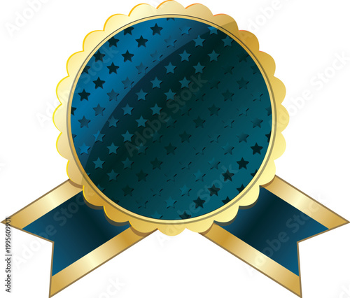 Dark blue badge with golden ribbon