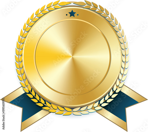 Golden badge with blue ribbon