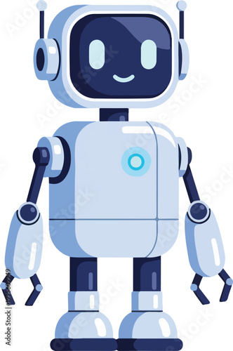 Cute robot character with headset and smiling face standing alone