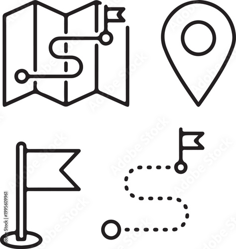 Navigation map pin and flag icons showing route and destination isolated on white background