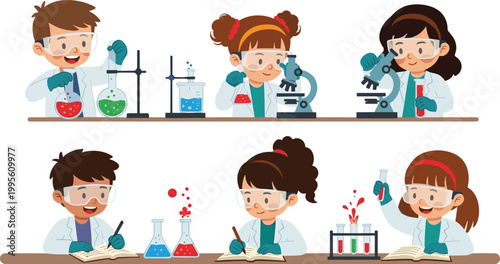 Kawaii Kids in Science Lab Icon Set Featuring Chemical Experiments, Microscopes, and Laboratory Equipment for Educational, STEM, and Fun Designs