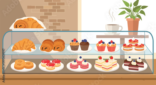 Quadro su tela A glass display case filled with assorted sweet pastries