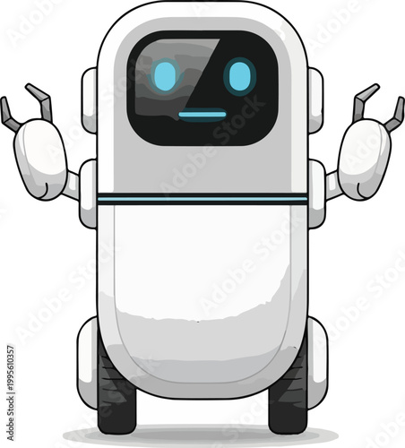 Friendly silver robot with blue eyes shrugs on white background