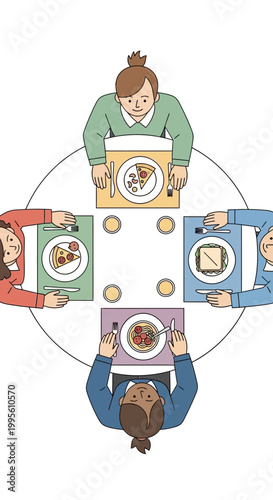 Diverse group of people enjoying a meal together around a round table, top view