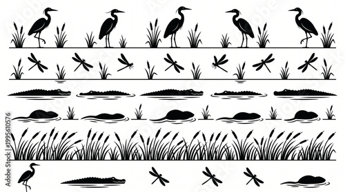 Set of Swamp Life Silhouette Borders and Decorative Elements Featuring Herons, Dragonflies, Alligators, Beavers, and Cattail Plants Isolated on White Background for Nature Graphic Designs