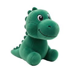 A vibrant emerald green plush dinosaur toy featuring detailed stitching, soft spikes, and friendly embroidered eyes, isolated on a transparent background, conveying the concept of childhood comfort