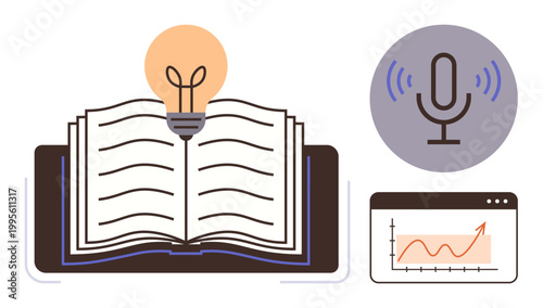 Education, innovation, knowledge sharing, podcasting, public speaking, growth analytics. Open book with lightbulb, microphone icon and upward growth chart. Education and innovation concept