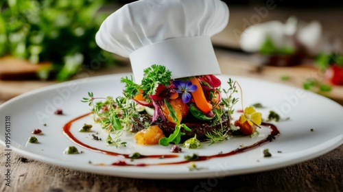 A creative and whimsical conceptual image. Instead of being white, a chef's toque is used as a miniature plate