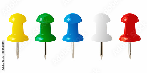 Five colorful plastic push pins displayed in a row on white background