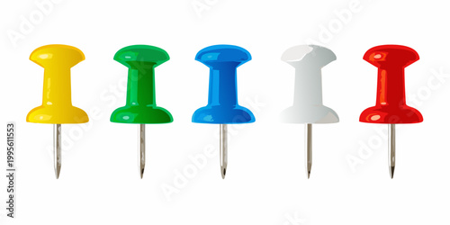 Five colorful push pins arranged in a row on a white background