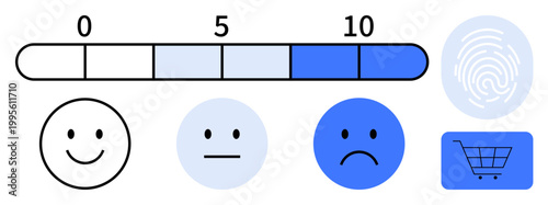 Customer feedback, satisfaction ratings, online shopping, user experience, analytics, decision-making. emotion faces from happy to sad, a rating scale fingerprint and cart icon. Customer feedback