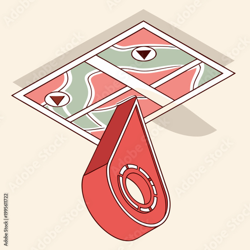 Isometric map pin dropping onto navigation map with location navigation destination isometric rendering technology abstract direction tracking adventure coordinates mapquest application