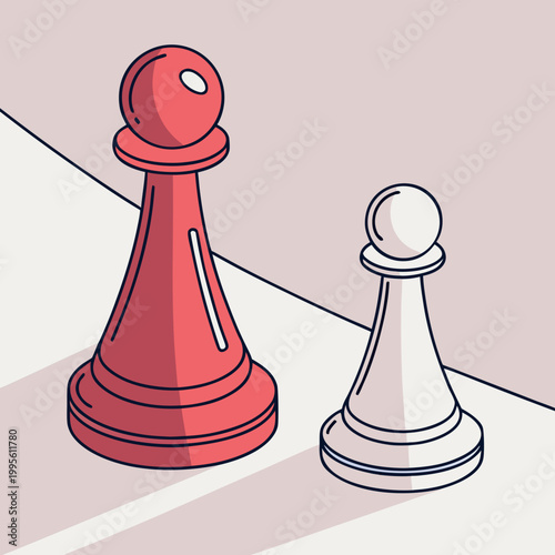 Red and white chess pawns on a light background with board game flat design strategy contrast competition checkmate challenge opponent gameplay illustration decision thinking individual