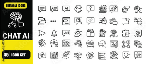 Conversational AI Chat System Icon Set – Customer Support Platforms, Artificial Intelligence Messaging, Chatbot Automation, Virtual Assistant Communication, Help Desk Interaction and Smart Dialogue Li