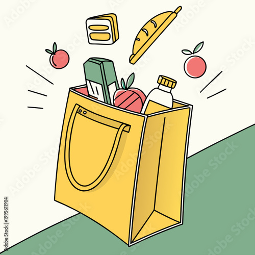 Grocery shopping bag filled with fresh food and essentials illustration line art groceries shopping supermarket purchase consumerism beverage nutrition essentials products transaction