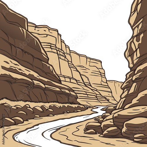 A stylized illustration depicts a winding river flowing through a dramatic canyon landscape with layered rocky cliffs high quality professional detailed modern elegant stylish clean crisp
