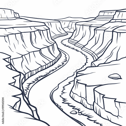 A detailed line drawing depicts a winding river cutting through a vast layered canyon landscape reminiscent of the grand canyon high quality professional modern elegant stylish