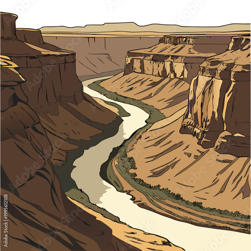 A stylized illustration depicts a winding river cutting through layered reddish brown canyon walls under a clear pale sky high quality professional detailed modern elegant stylish