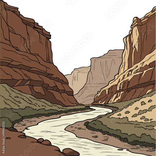 A vibrant illustrated depiction of a river winding through a deep rocky canyon with layered sandstone formations and sparse vegetation high quality professional detailed modern elegant