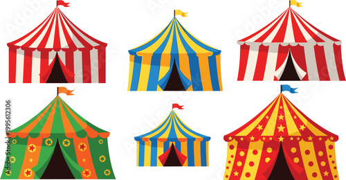 Circus Tent Icon Set Featuring Colorful Red, Yellow, Green, and Blue Stripes for Fun, Entertainment, and Festival Designs