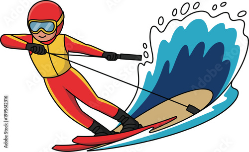 Water skier speeding through waves, dynamic action vector illustration for extreme water sports, adventure recreation and summer outdoor activity design elements.