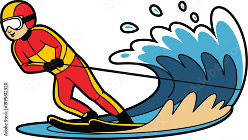 Water skier speeding through waves, dynamic action vector illustration for extreme water sports, adventure recreation and summer outdoor activity design elements.