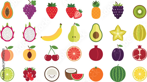 Colorful tropical and seasonal fresh fruit collection featuring papaya dragon fruit avocado strawberry pineapple kiwi watermelon and pomegranate vector illustration set