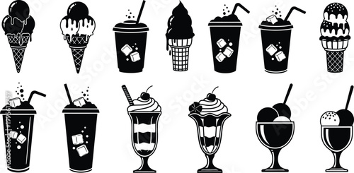 Variety of black and white dessert illustrations ice cream milkshakes and floats