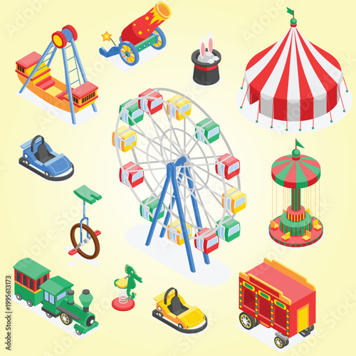 Isometric circus elements colorful amusement park icons tent cars carousel bright children train magician cylinder with rabbit ears flawless vector set